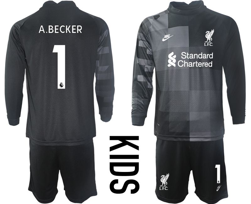 Youth 2021-2022 Club Liverpool black goalkeeper long sleeve #1 Soccer Jersey->youth soccer jersey->Youth Jersey